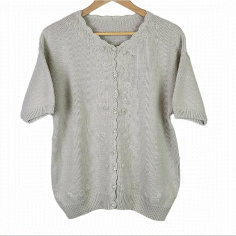 KNIT button up short sleeve embroidered cardigan sweater top M